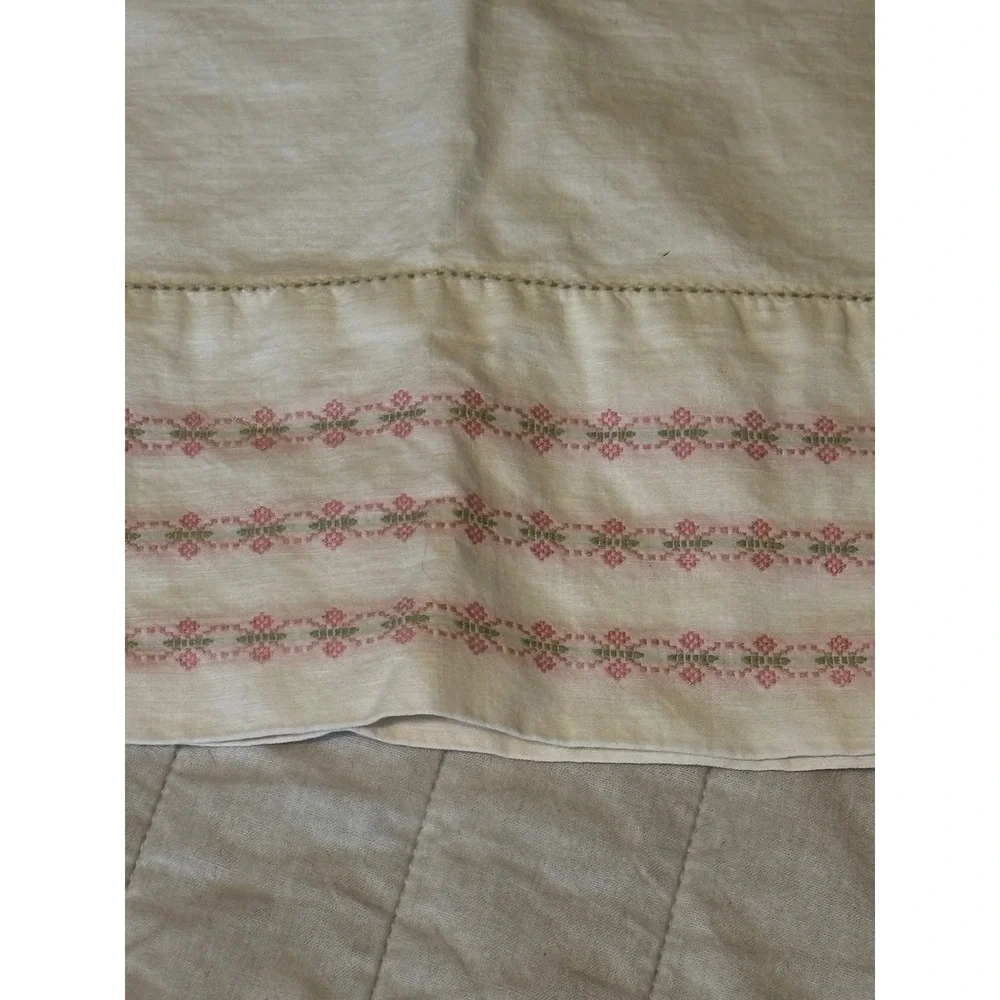 Vintage Cotton Pillowcase Pair Pink Green Cross Stitch Floral Embroidery Cream